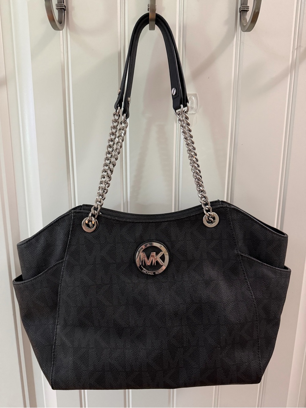 Michael Kors Black MK Logo Chain Tote with Side Pockets